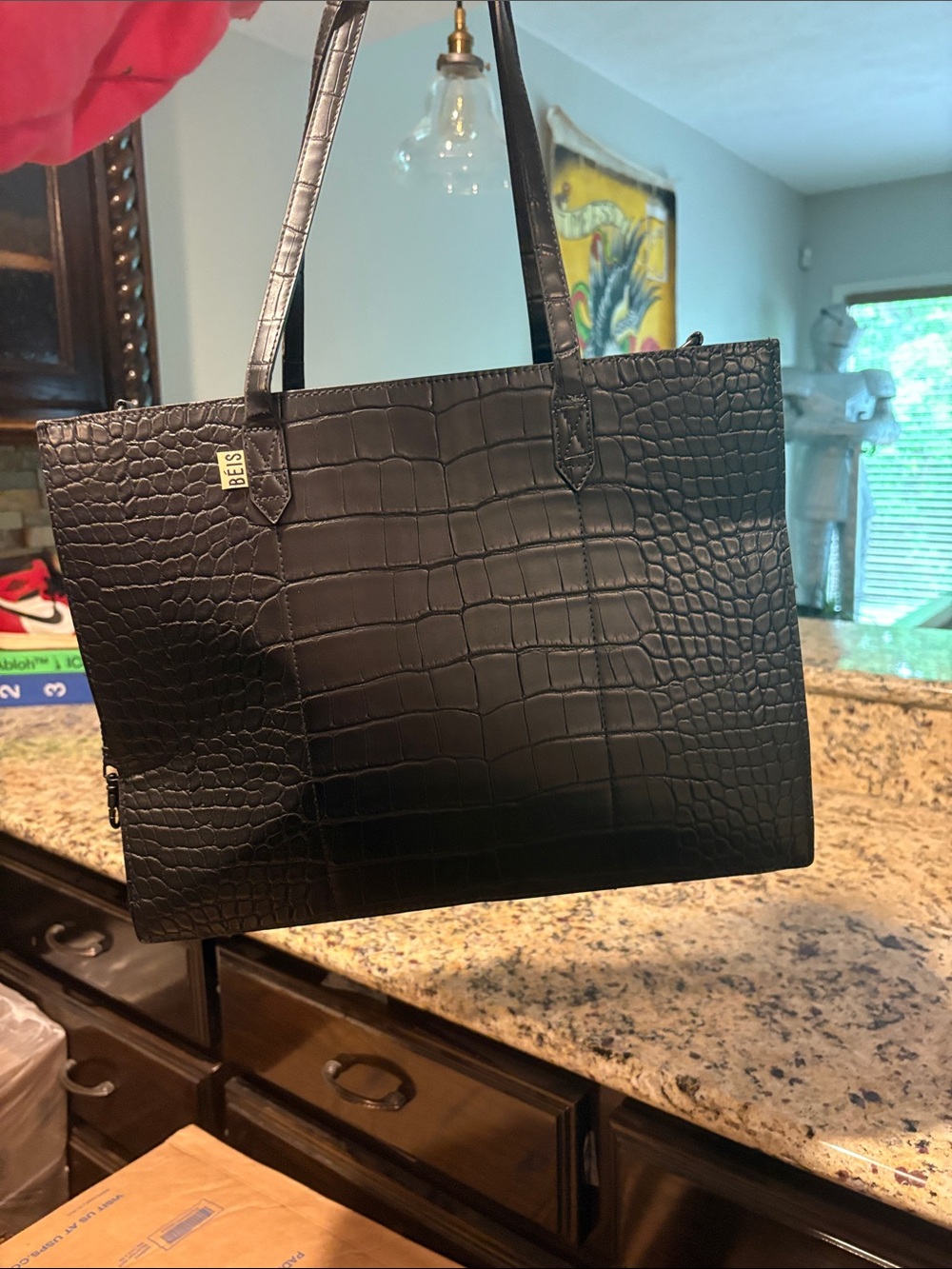 BEIS Black Croc-Embossed Tote